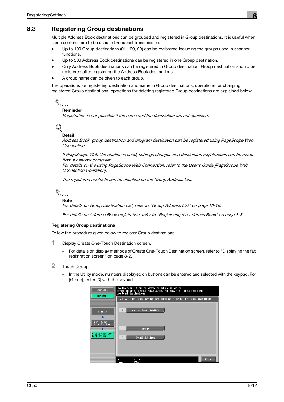 3 registering group destinations, Registering group destinations | Konica Minolta bizhub C650 User Manual | Page 157 / 295