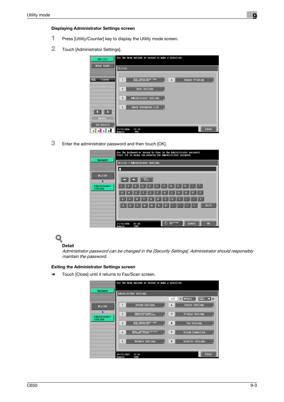 Displaying administrator settings screen, Exiting the administrator settings screen | Konica Minolta bizhub C650 User Manual | Page 184 / 295