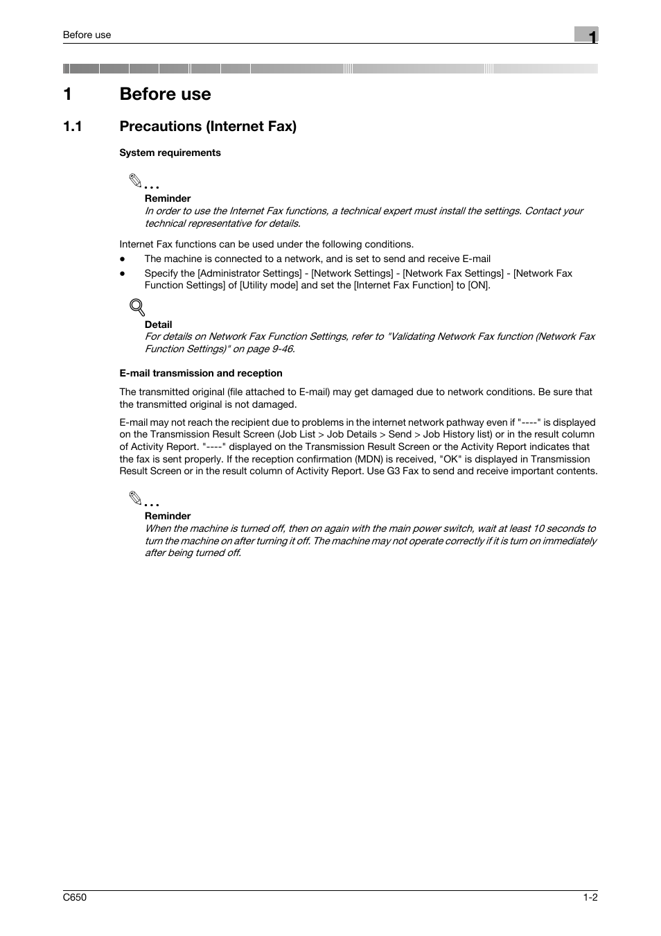 1 before use, 1 precautions (internet fax), System requirements | E-mail transmission and reception, Before use, 1before use | Konica Minolta bizhub C650 User Manual | Page 20 / 295