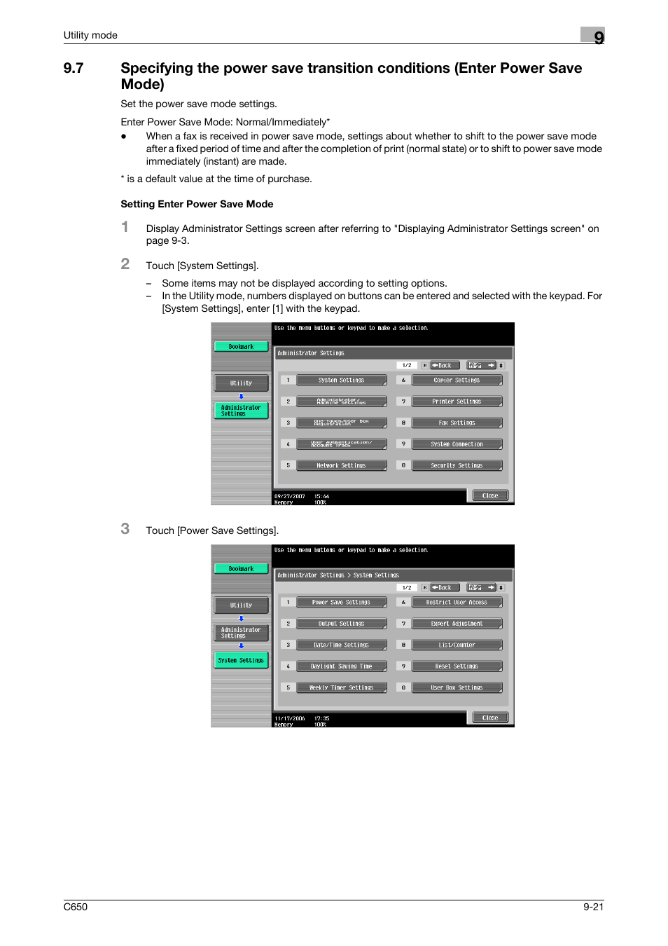 Setting enter power save mode | Konica Minolta bizhub C650 User Manual | Page 202 / 295