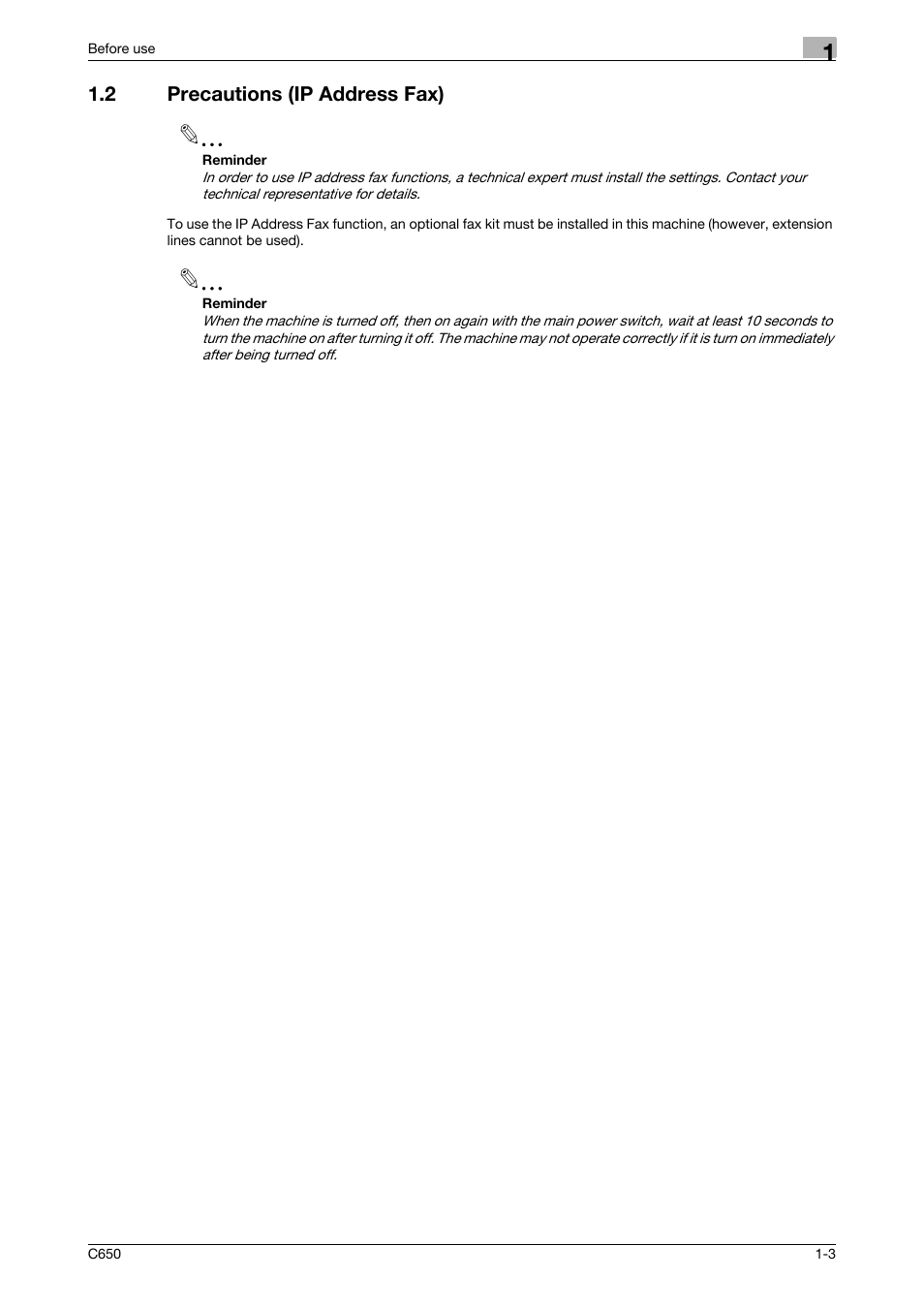 2 precautions (ip address fax), Precautions (ip address fax) -3 | Konica Minolta bizhub C650 User Manual | Page 21 / 295