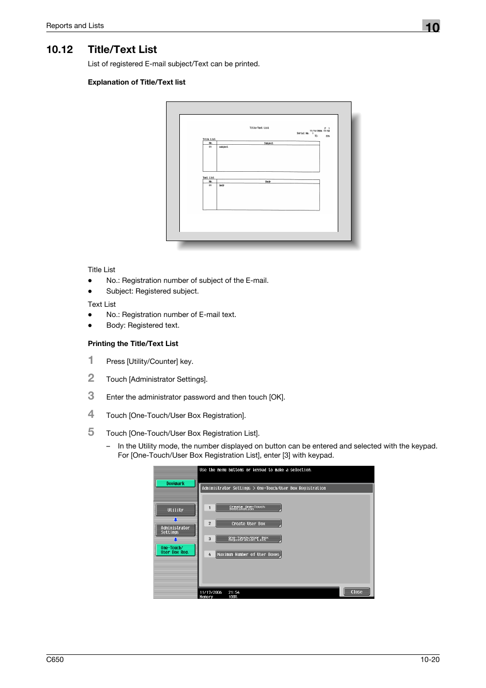 12 title/text list, Explanation of title/text list, Printing the title/text list | Konica Minolta bizhub C650 User Manual | Page 279 / 295