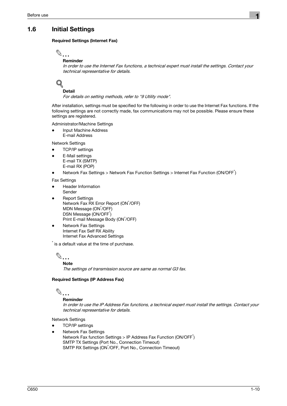 6 initial settings, Required settings (internet fax), Required settings (ip address fax) | Konica Minolta bizhub C650 User Manual | Page 28 / 295