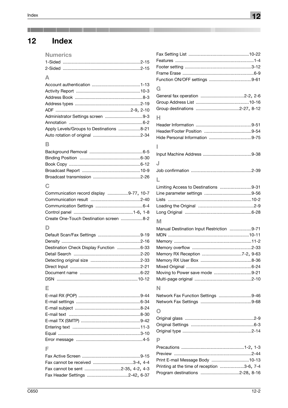 12 index, A to p | Konica Minolta bizhub C650 User Manual | Page 293 / 295