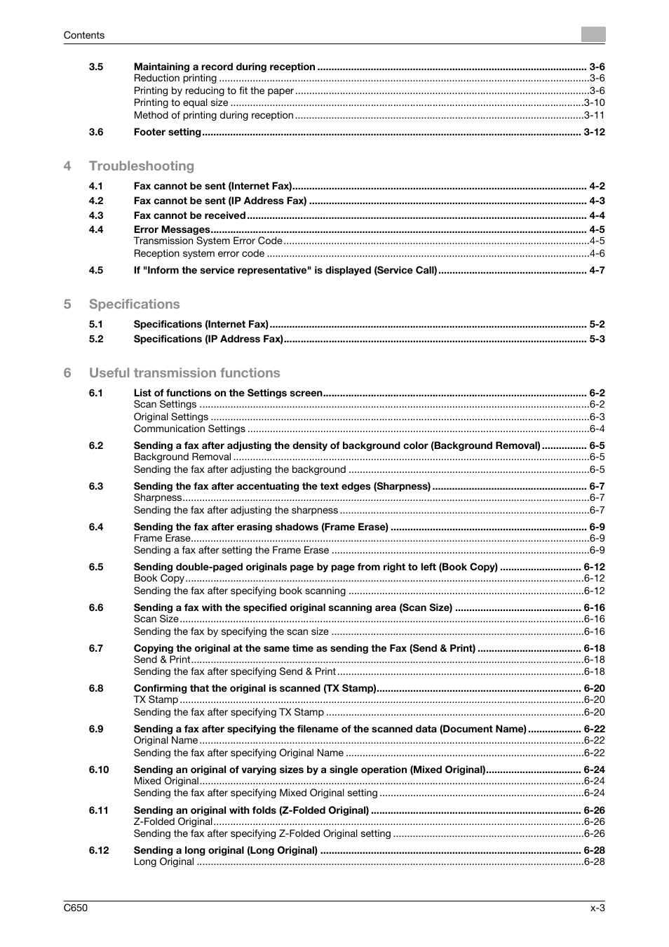 4troubleshooting, 5specifications, 6useful transmission functions | Konica Minolta bizhub C650 User Manual | Page 4 / 295