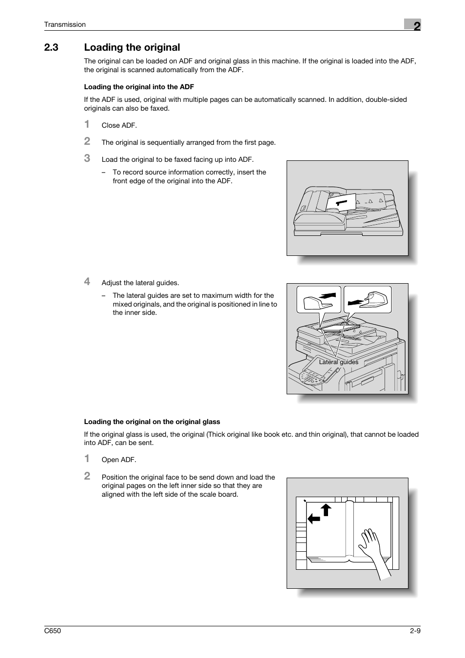 3 loading the original, Loading the original into the adf, Loading the original on the original glass | Konica Minolta bizhub C650 User Manual | Page 41 / 295