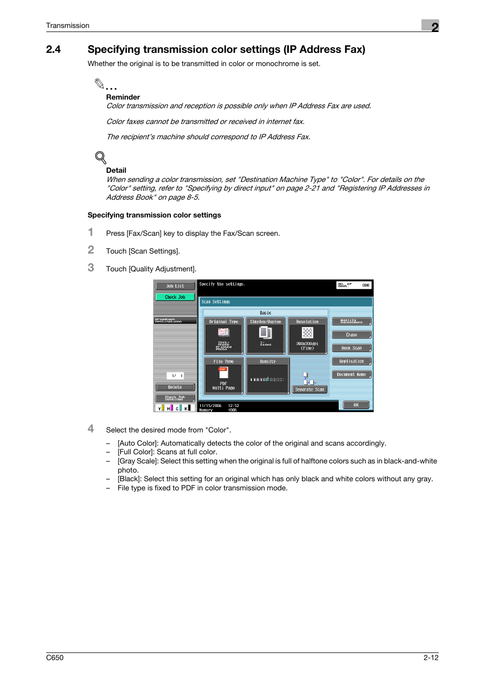 Specifying transmission color settings | Konica Minolta bizhub C650 User Manual | Page 44 / 295