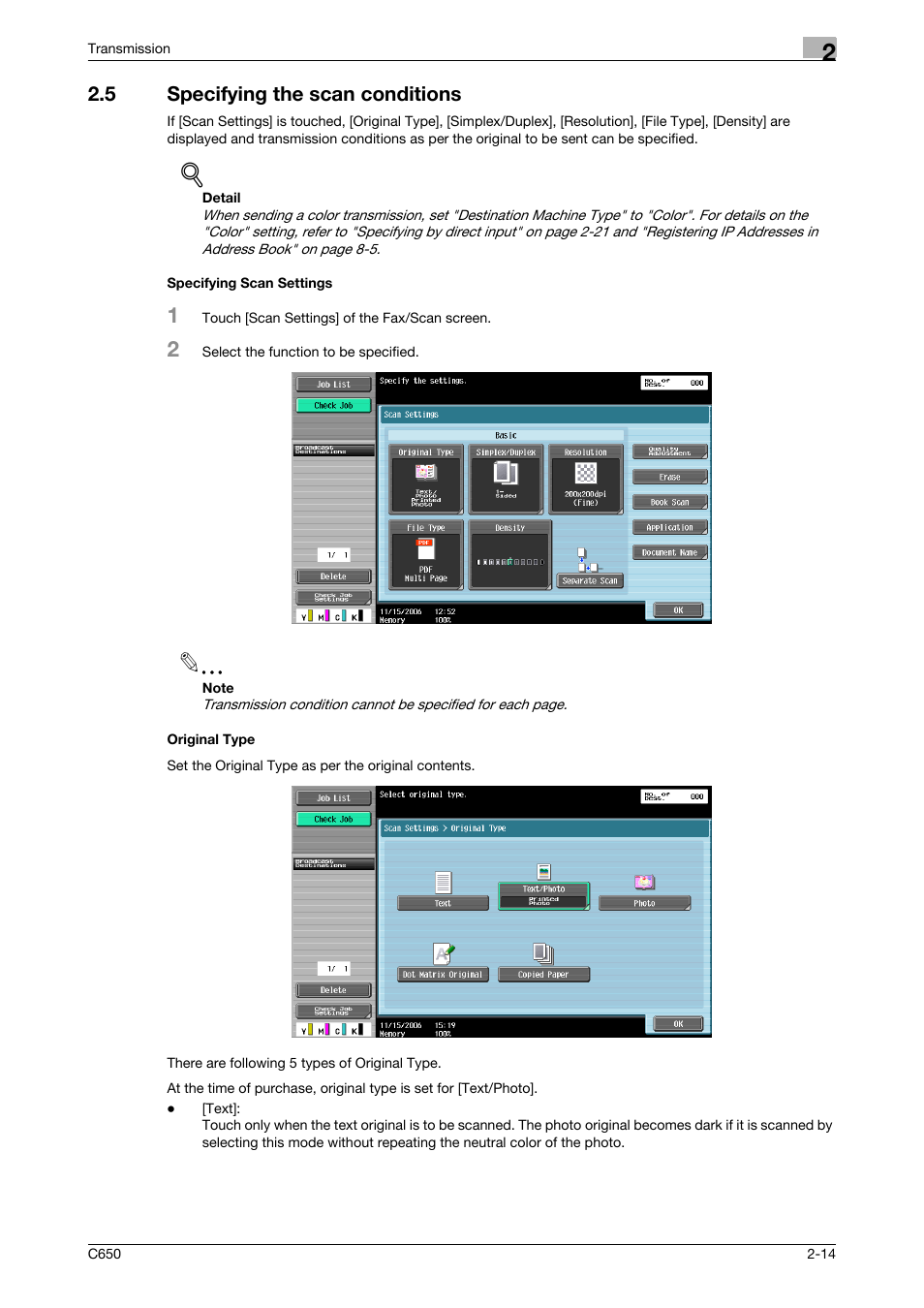 5 specifying the scan conditions, Specifying scan settings, Original type | Konica Minolta bizhub C650 User Manual | Page 46 / 295