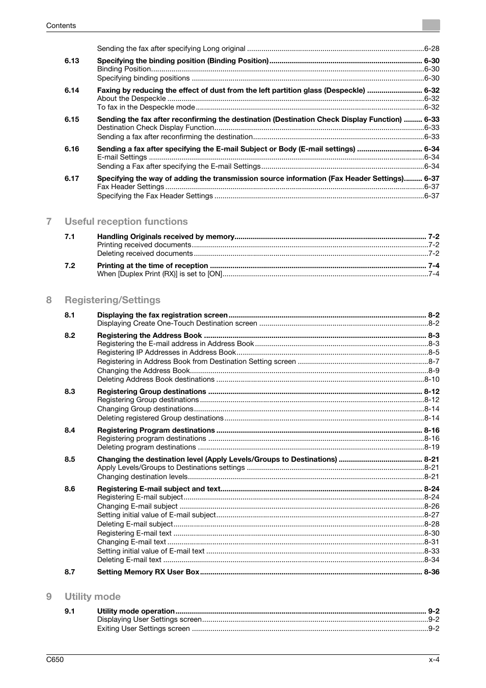 7useful reception functions, 8registering/settings, 9utility mode | Konica Minolta bizhub C650 User Manual | Page 5 / 295