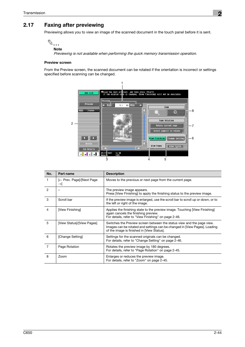 17 faxing after previewing, Preview screen, Faxing after previewing -44 preview screen -44 | Konica Minolta bizhub C650 User Manual | Page 76 / 295