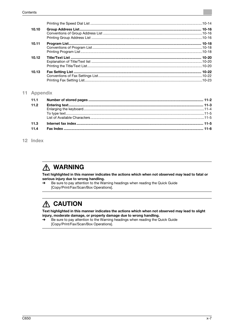 7 warning, 7 caution, 11 appendix | 12 index | Konica Minolta bizhub C650 User Manual | Page 8 / 295