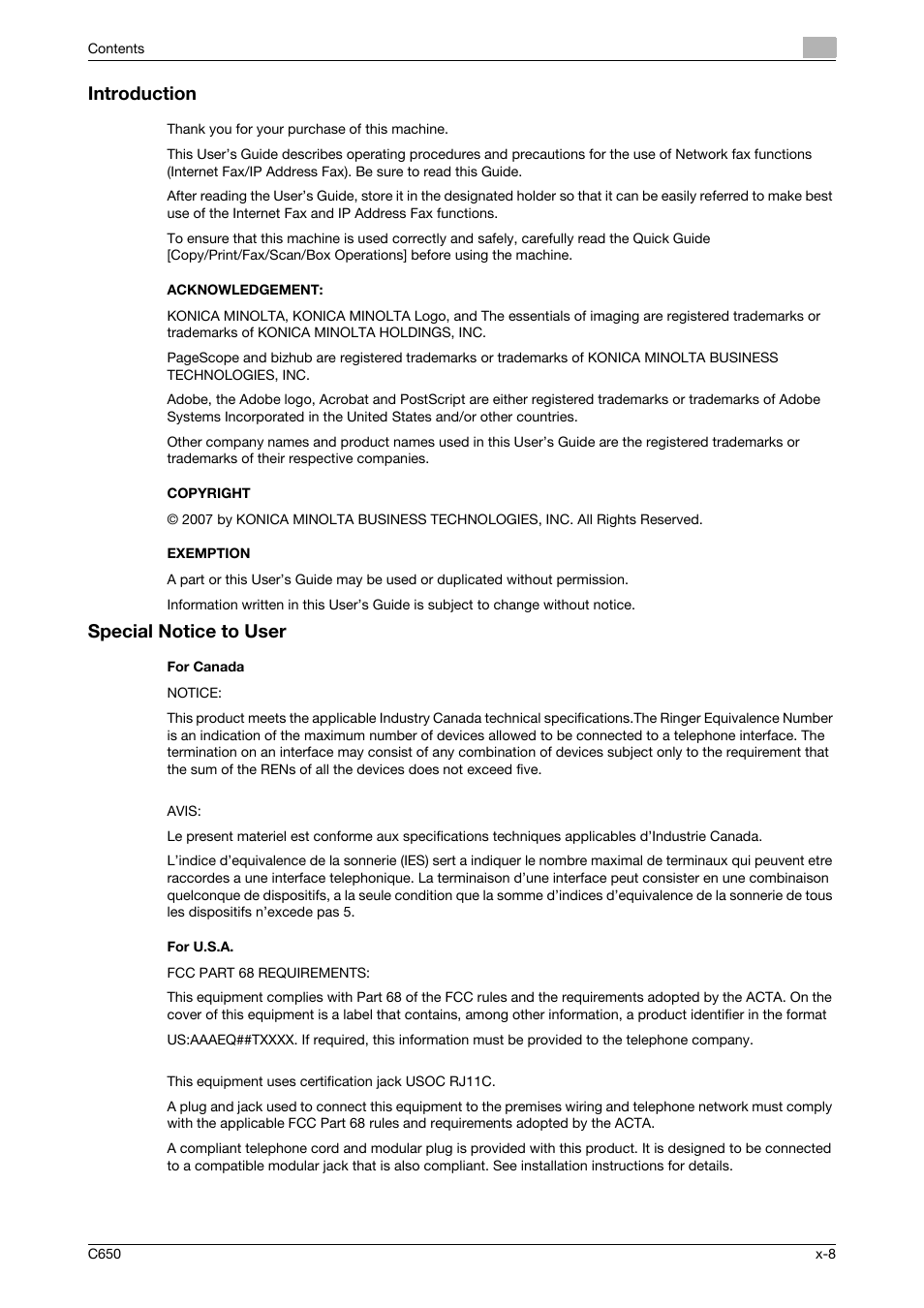 Introduction, Acknowledgement, Copyright | Exemption, Special notice to user, For canada, For u.s.a | Konica Minolta bizhub C650 User Manual | Page 9 / 295