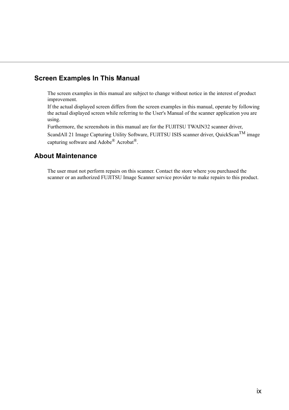 Ix screen examples in this manual, About maintenance | Konica Minolta Fujitsu Scanner User Manual | Page 11 / 230