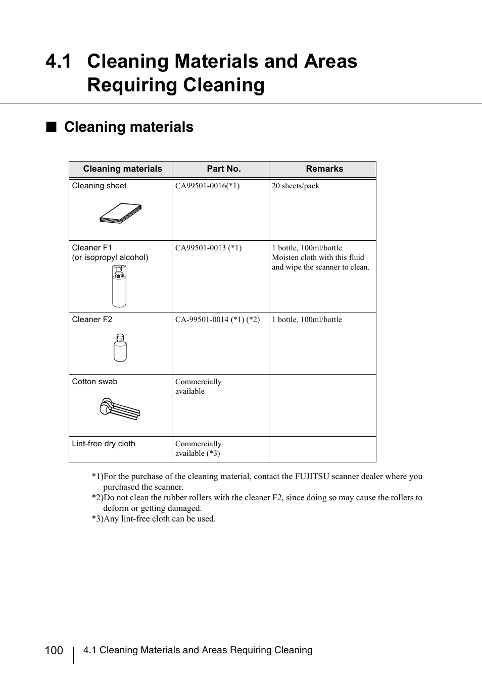 1 cleaning materials and areas requiring cleaning, Cleaning materials | Konica Minolta Fujitsu Scanner User Manual | Page 120 / 230