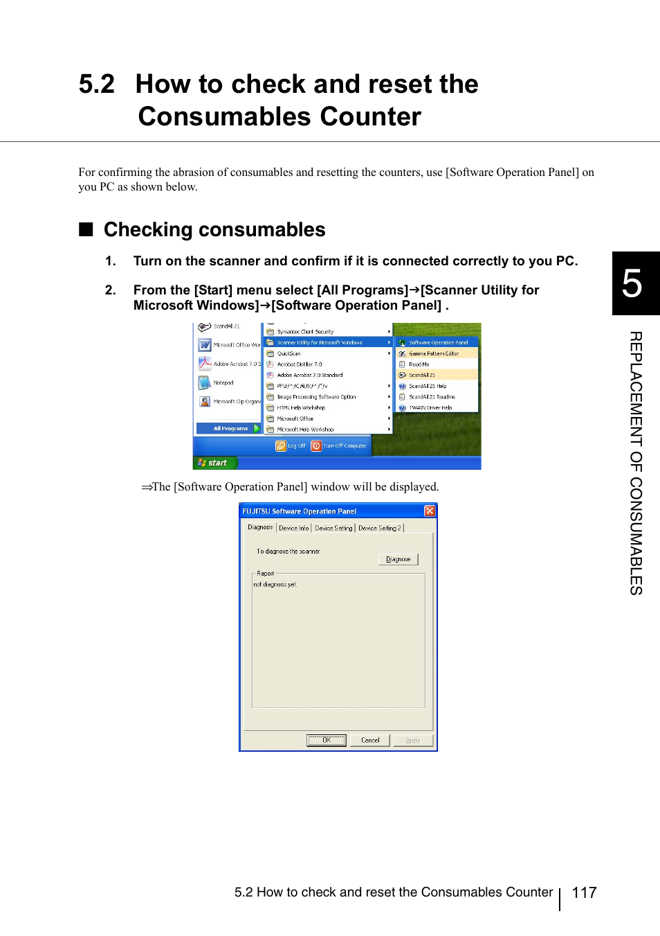2 how to check and reset the consumables counter, Checking consumables | Konica Minolta Fujitsu Scanner User Manual | Page 137 / 230