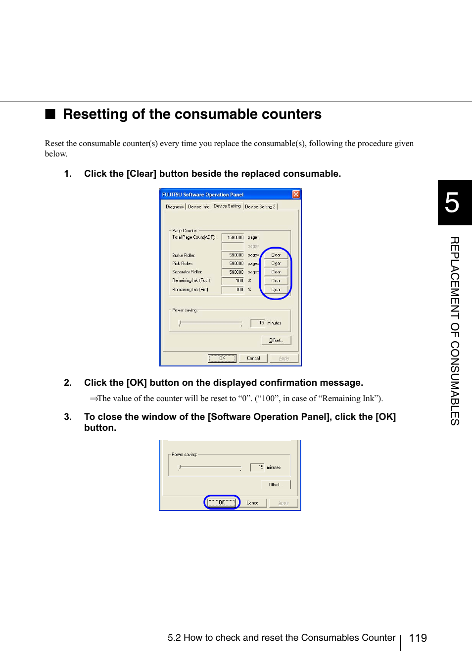 Resetting of the consumable counters | Konica Minolta Fujitsu Scanner User Manual | Page 139 / 230