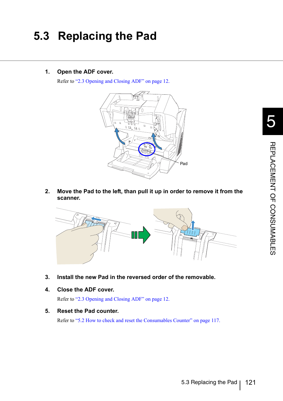 3 replacing the pad | Konica Minolta Fujitsu Scanner User Manual | Page 141 / 230