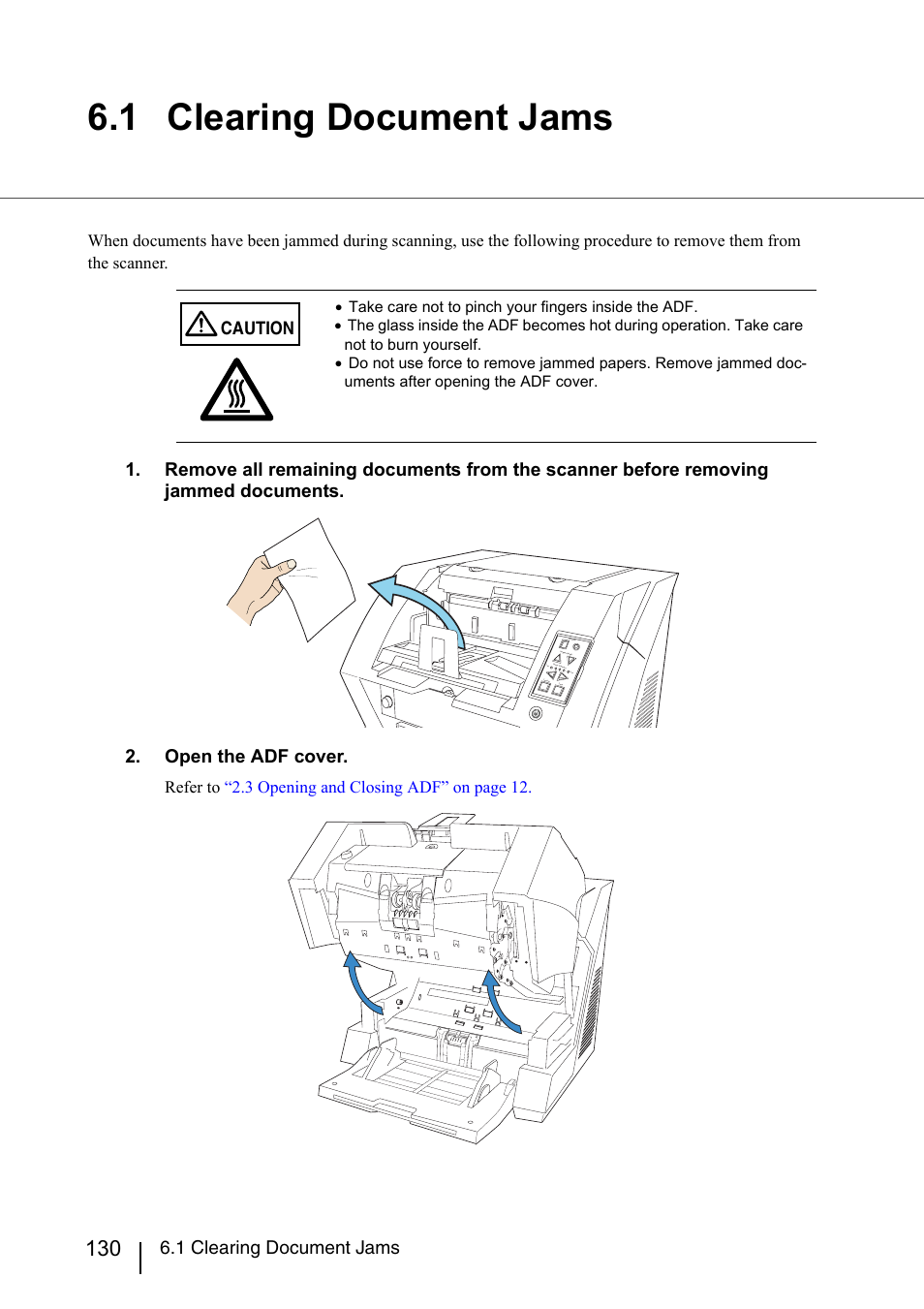 1 clearing document jams, Caution, Refer to “2.3 opening and closing adf” on page 12 | Konica Minolta Fujitsu Scanner User Manual | Page 150 / 230