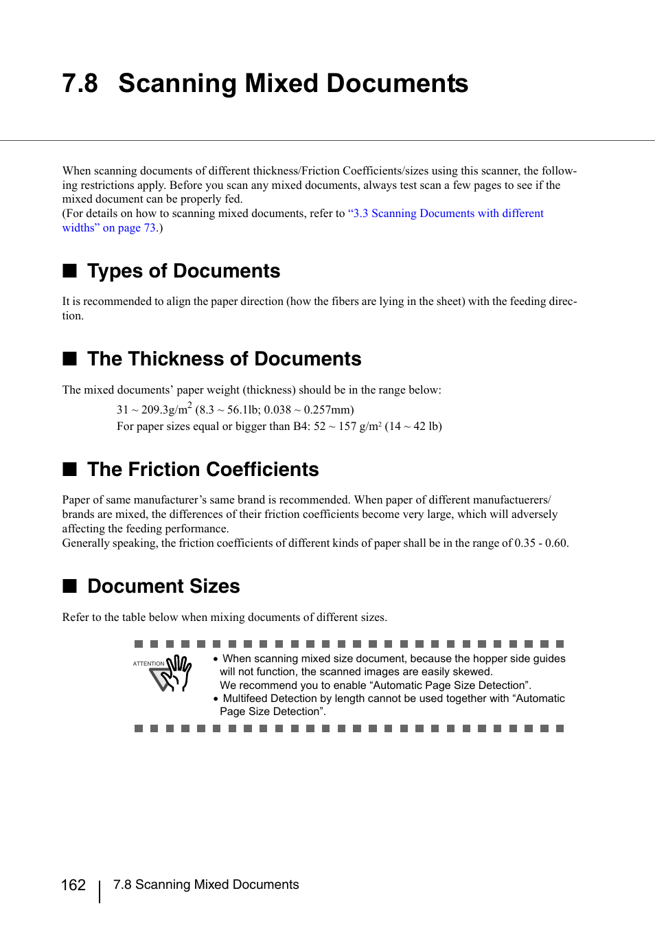 8 scanning mixed documents, Ction, 8 scanning mixed | Refer to, Types of documents, The thickness of documents, The friction coefficients, Document sizes | Konica Minolta Fujitsu Scanner User Manual | Page 182 / 230