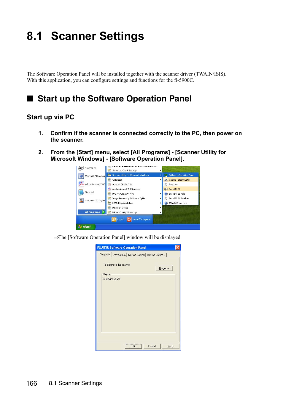 1 scanner settings, Start up the software operation panel | Konica Minolta Fujitsu Scanner User Manual | Page 186 / 230