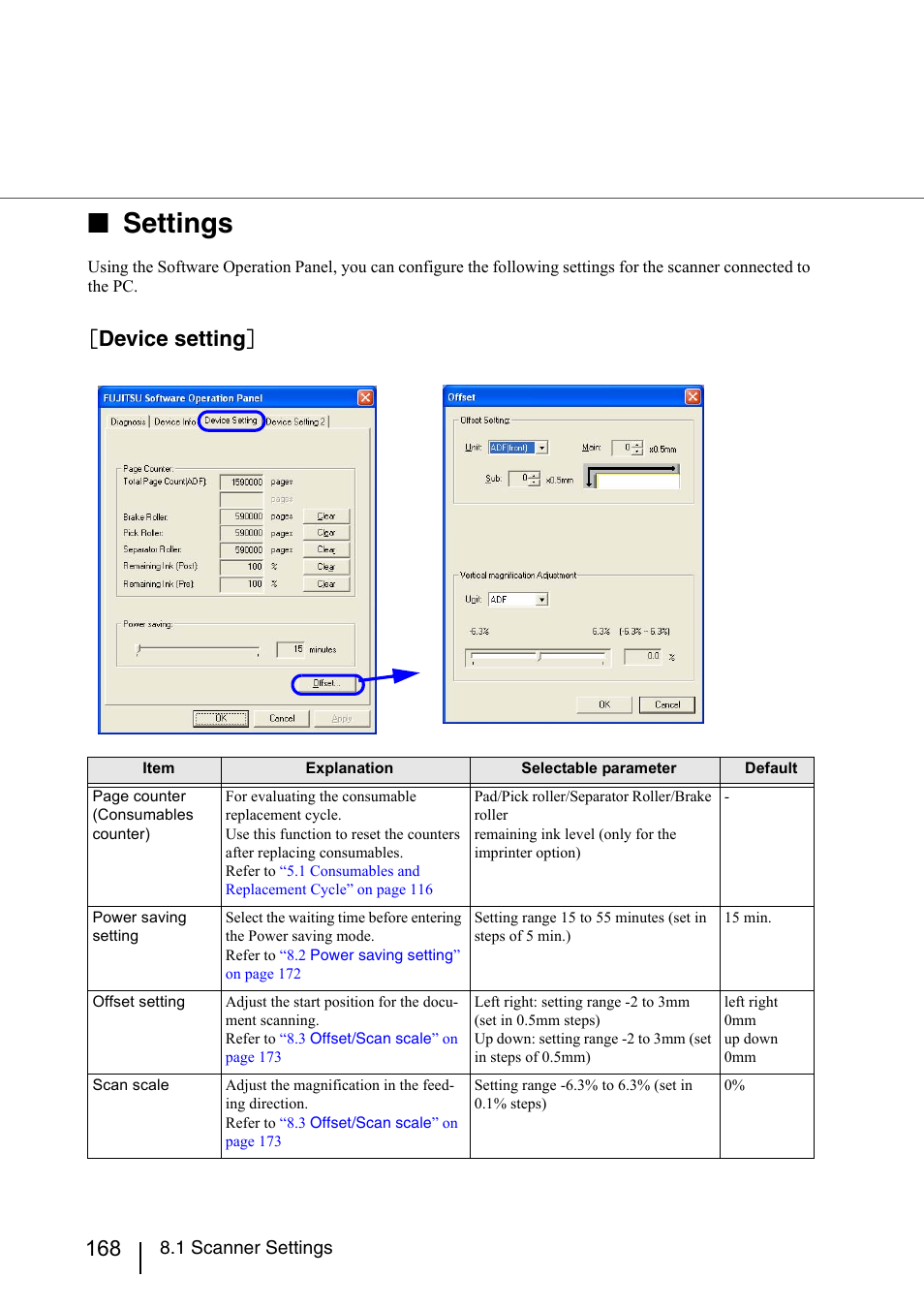 Settings, Device setting | Konica Minolta Fujitsu Scanner User Manual | Page 188 / 230