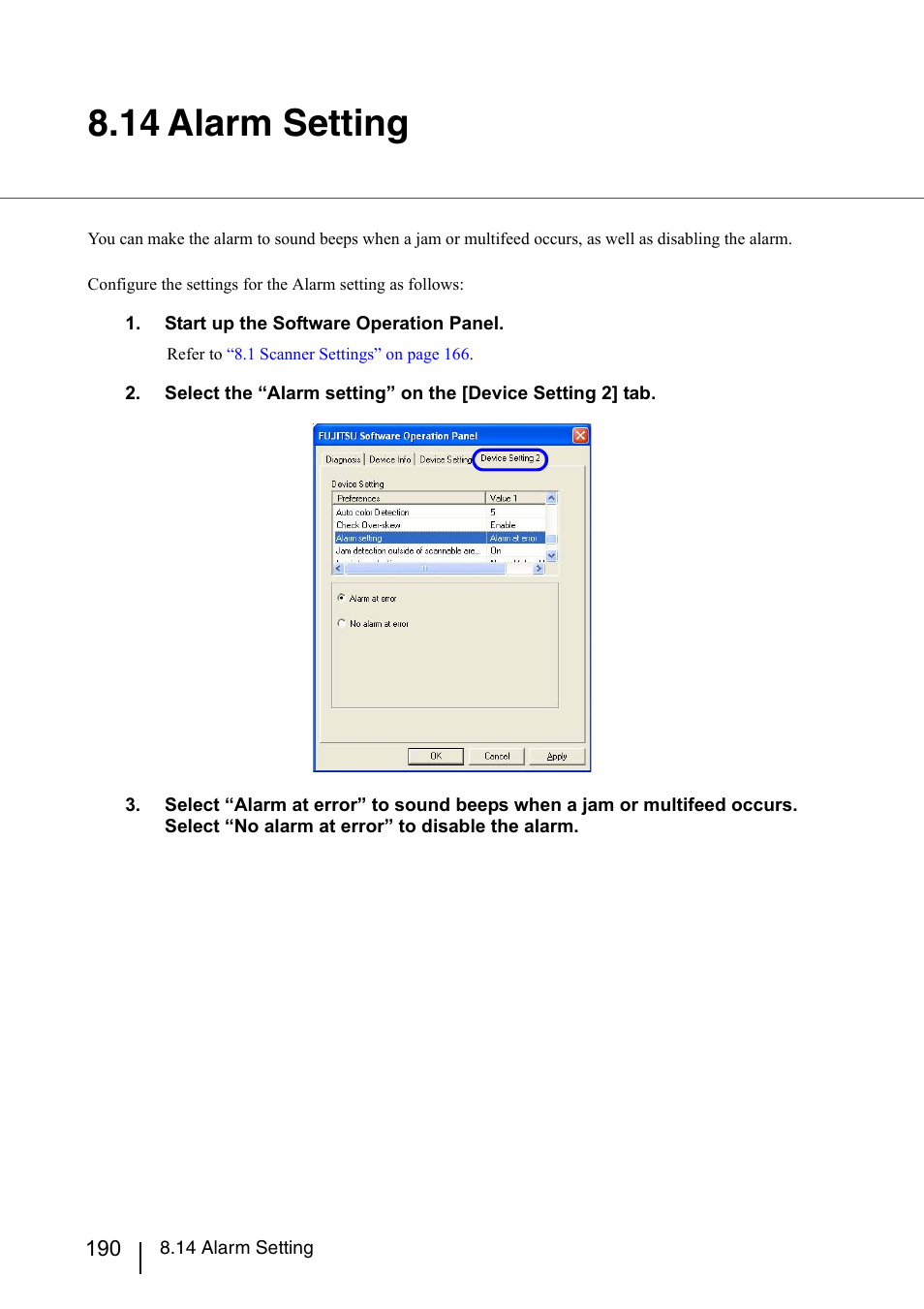 14 alarm setting | Konica Minolta Fujitsu Scanner User Manual | Page 210 / 230