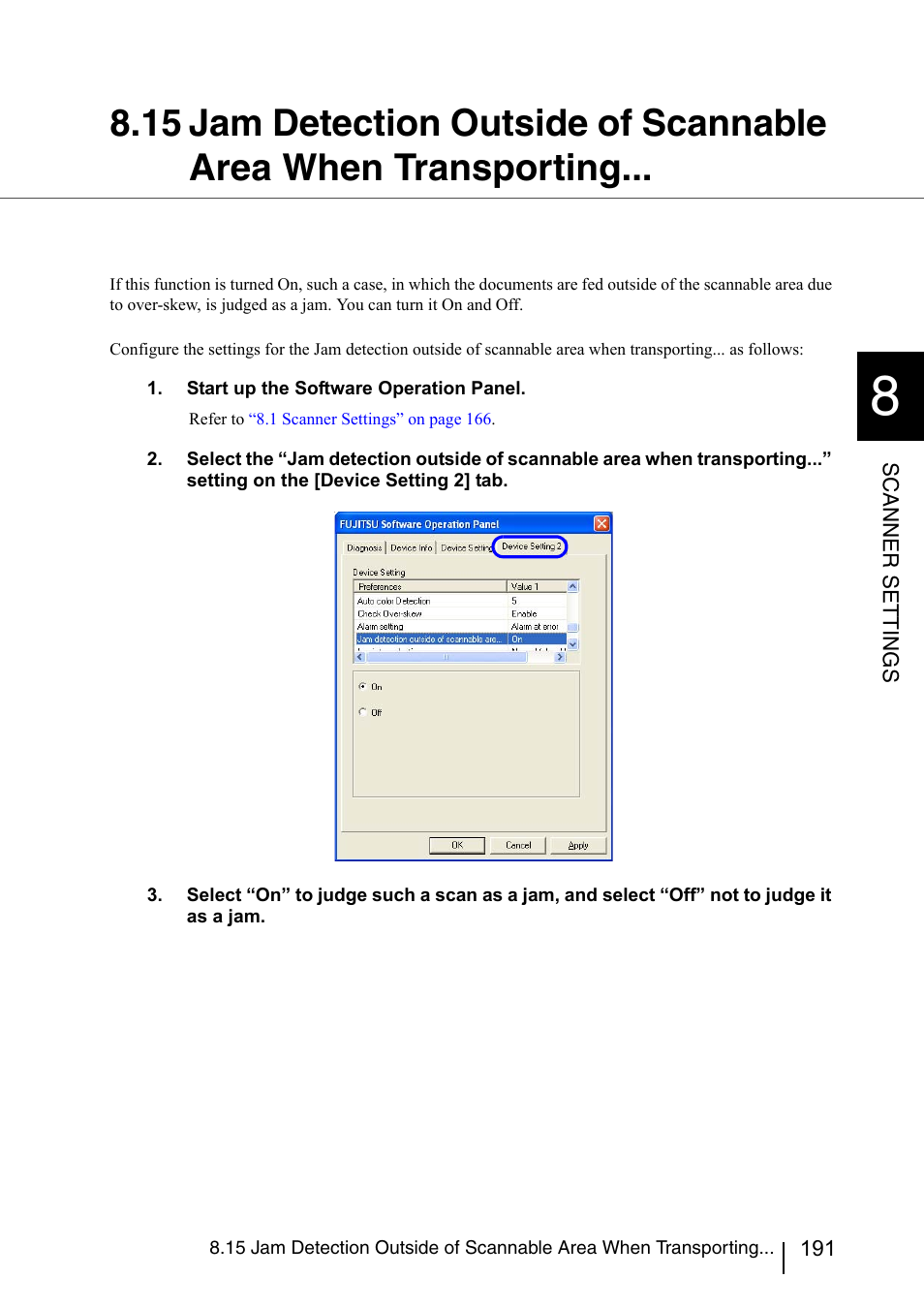 15 jam detection outs, 15 jam detection outside of scannable area when, Transporting | Konica Minolta Fujitsu Scanner User Manual | Page 211 / 230