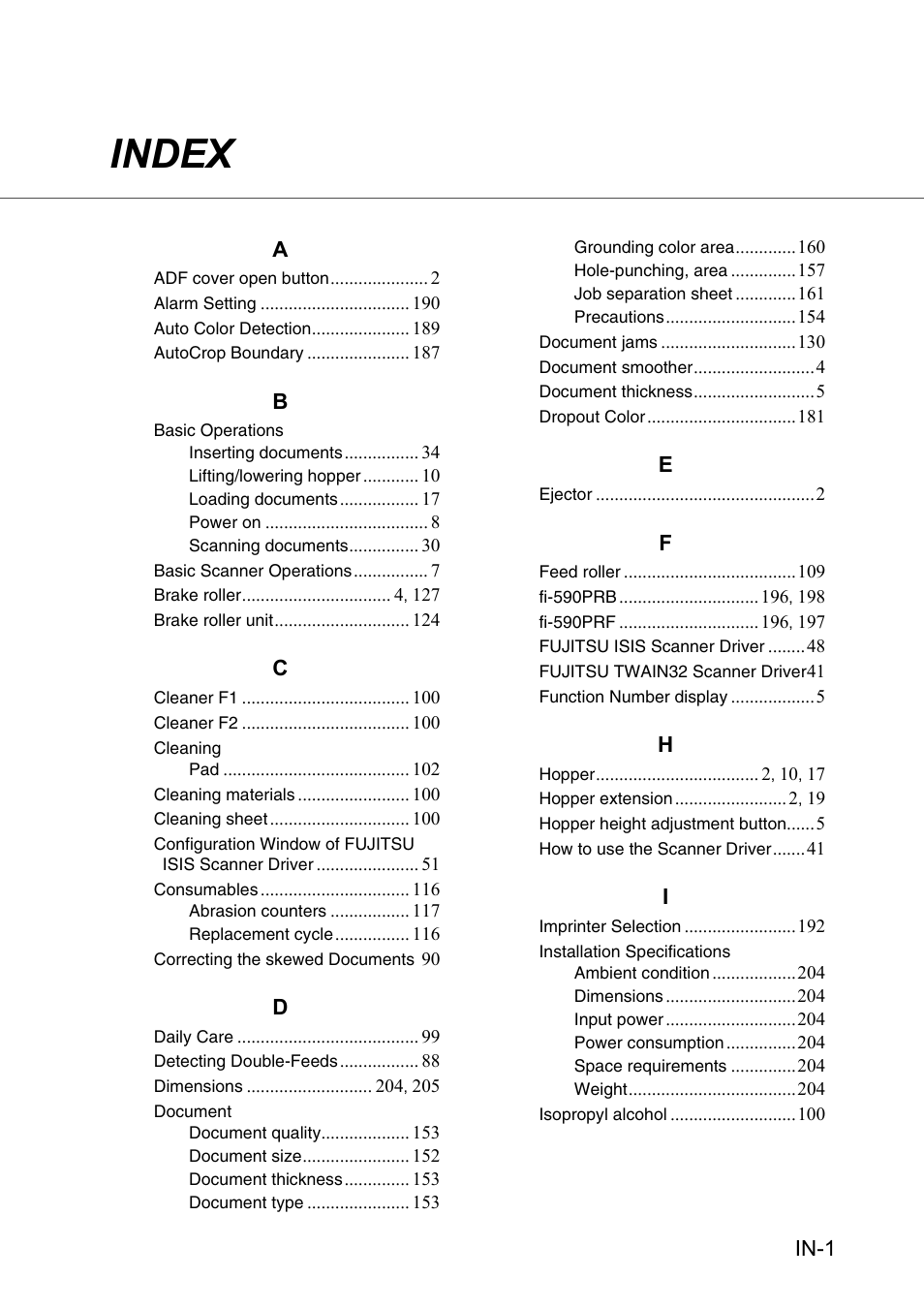 Index, In-1 a | Konica Minolta Fujitsu Scanner User Manual | Page 227 / 230