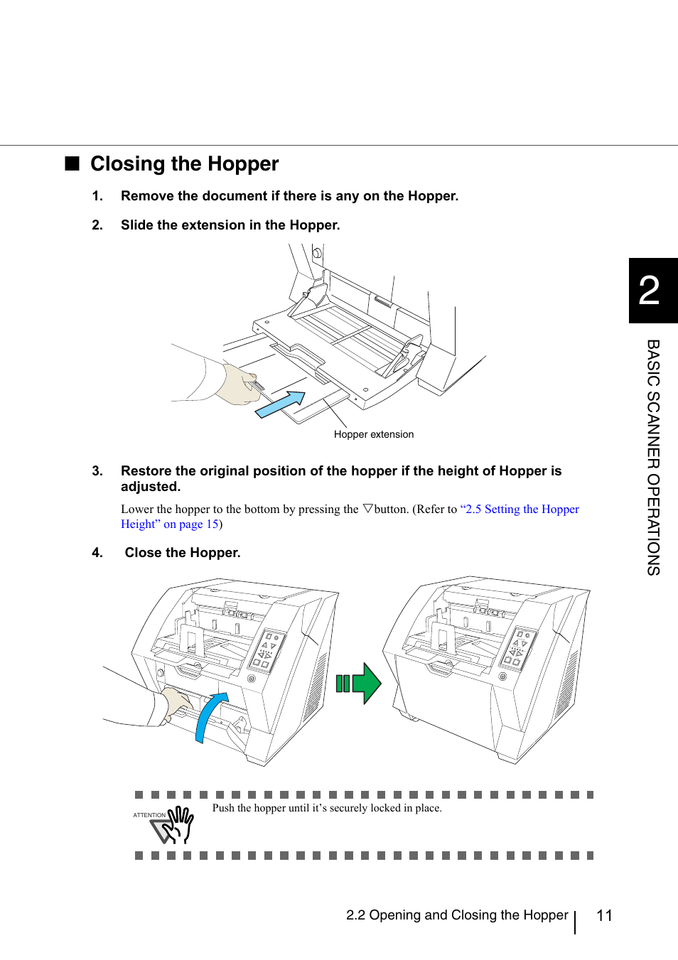 Closing the hopper, Basic scanner opera t ions | Konica Minolta Fujitsu Scanner User Manual | Page 31 / 230