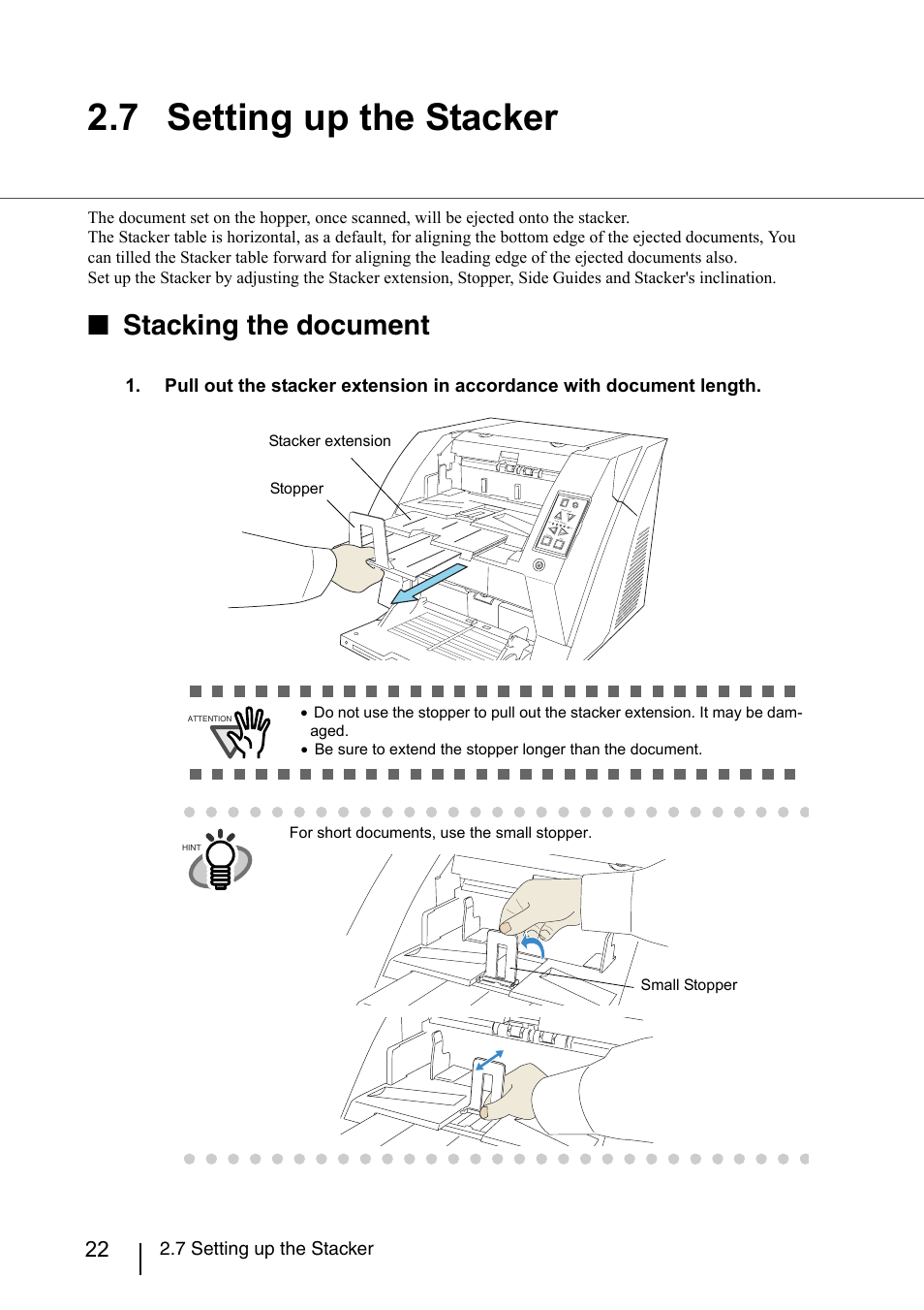 7 setting up the stacker, Stacking the document | Konica Minolta Fujitsu Scanner User Manual | Page 42 / 230