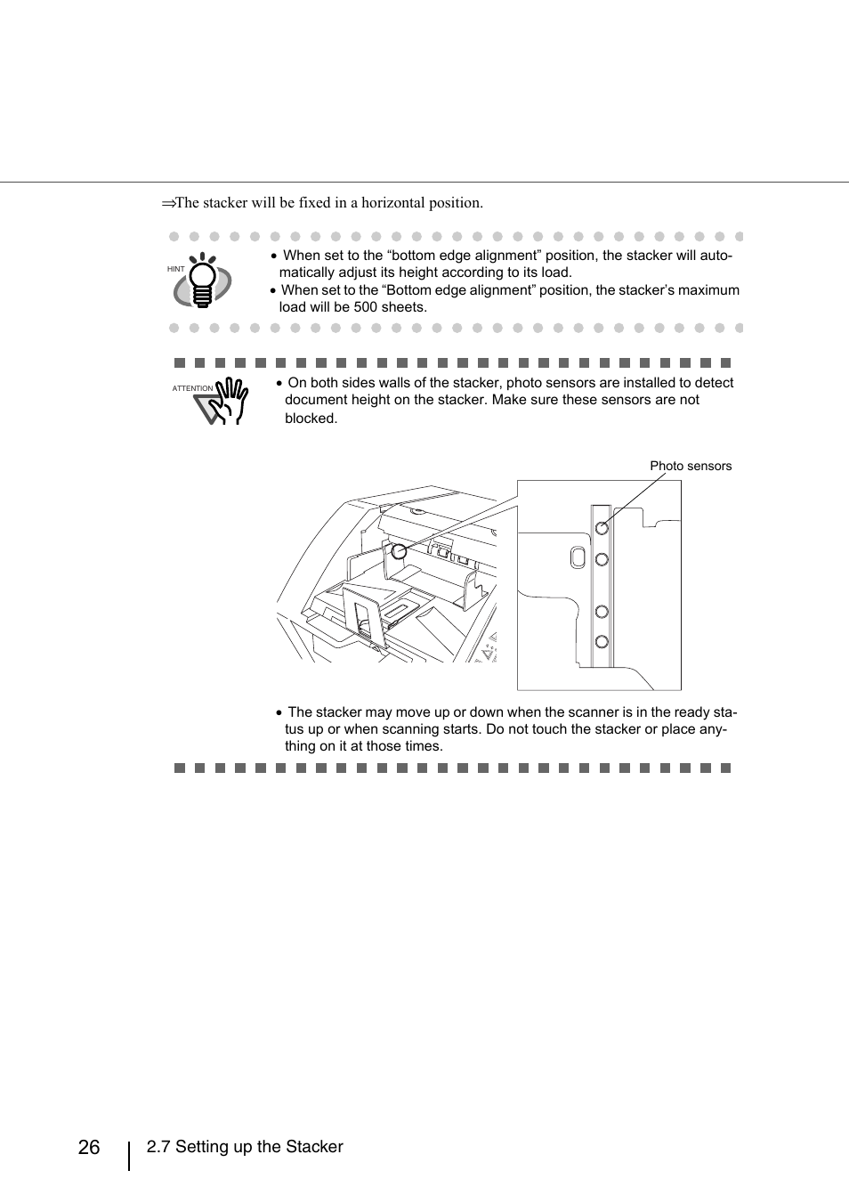 7 setting up the stacker, The stacker will be fixed in a horizontal position | Konica Minolta Fujitsu Scanner User Manual | Page 46 / 230