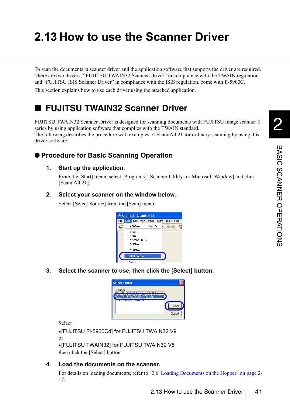 13 how to use the scanner driver, Fujitsu twain32 scanner driver | Konica Minolta Fujitsu Scanner User Manual | Page 61 / 230