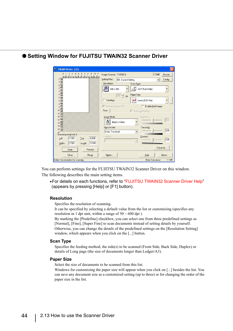 Setting window for fujitsu twain32 scanner driver | Konica Minolta Fujitsu Scanner User Manual | Page 64 / 230