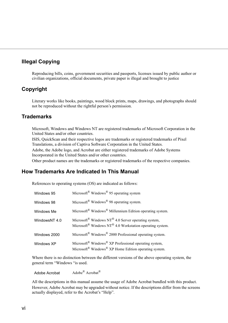 Vi illegal copying, Copyright, Trademarks | How trademarks are indicated in this manual | Konica Minolta Fujitsu Scanner User Manual | Page 8 / 230