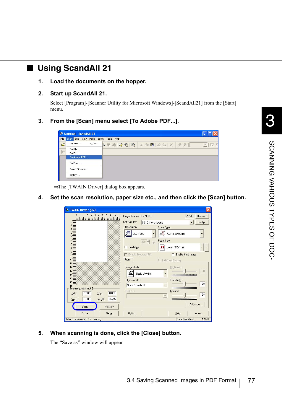 Sing scandall 21, Using scandall 21 | Konica Minolta Fujitsu Scanner User Manual | Page 97 / 230