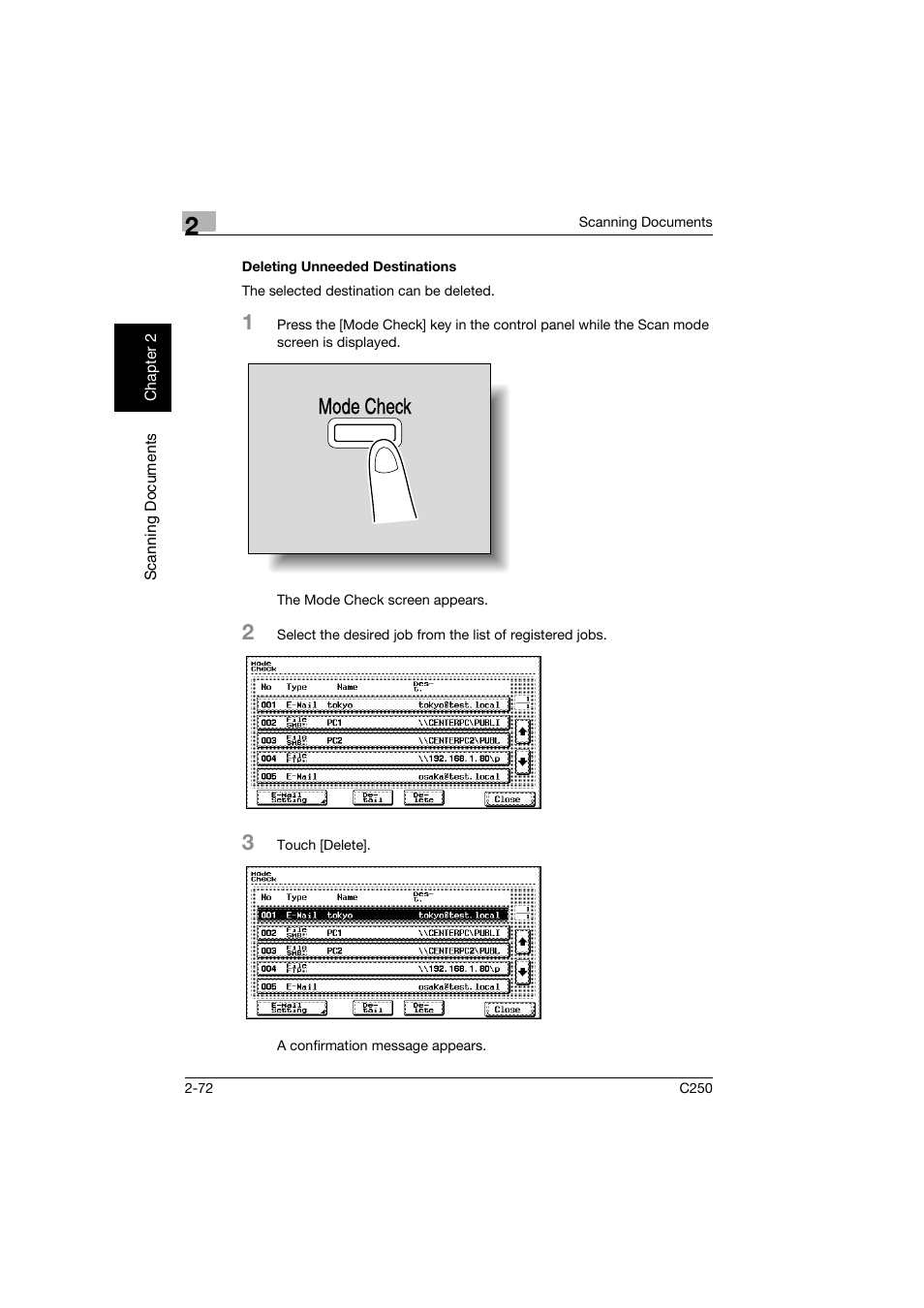 Deleting unneeded destinations, Deleting unneeded destinations -72, Mode check | Konica Minolta bizhub C250 User Manual | Page 105 / 396