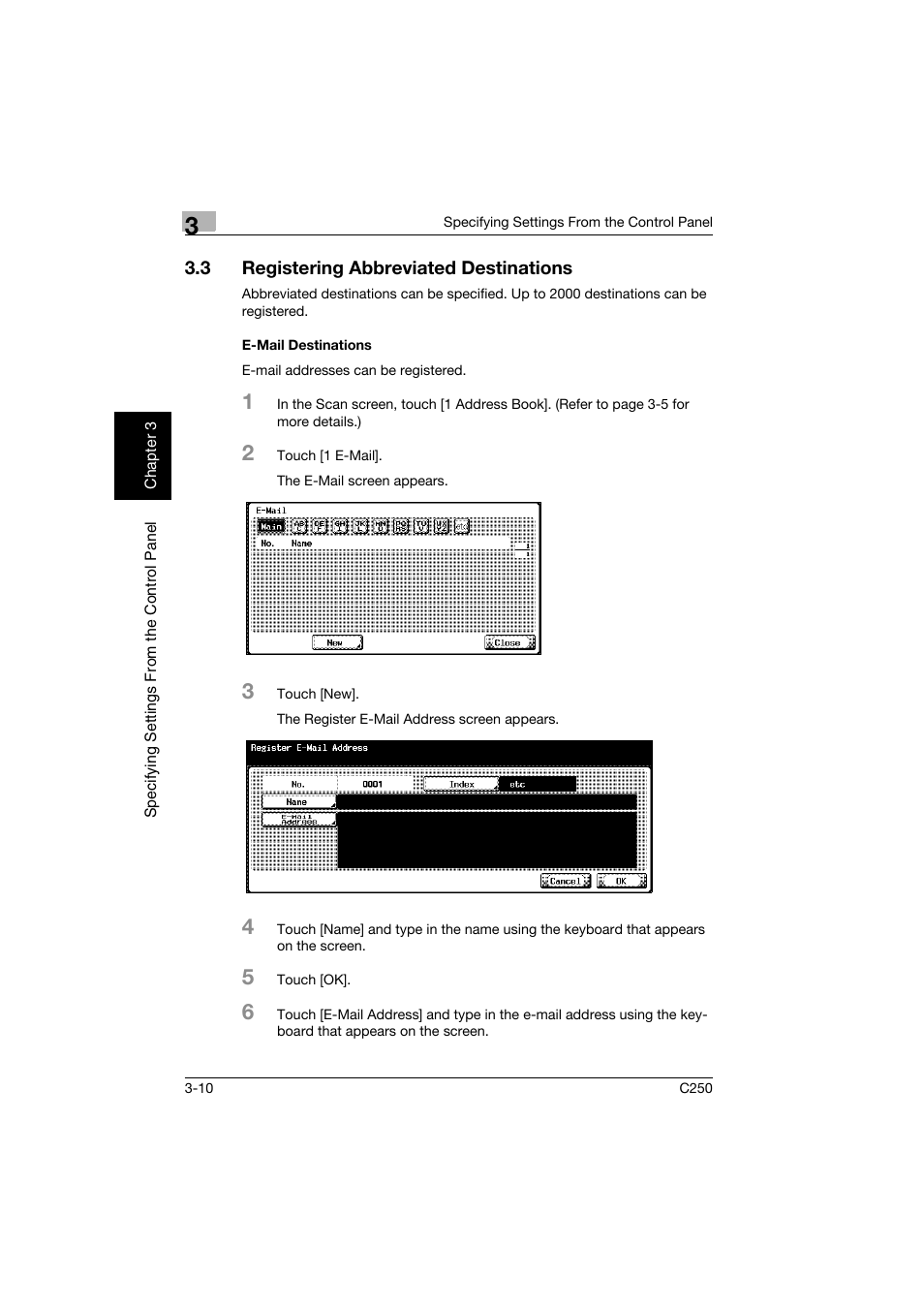 3 registering abbreviated destinations, E-mail destinations, Registering abbreviated destinations -10 | E-mail destinations -10 | Konica Minolta bizhub C250 User Manual | Page 121 / 396