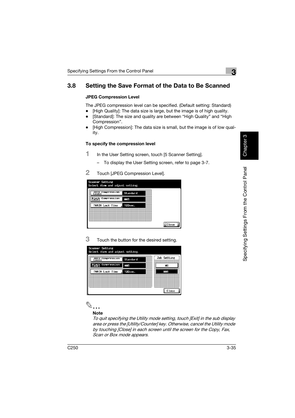 Jpeg compression level, To specify the compression level | Konica Minolta bizhub C250 User Manual | Page 146 / 396