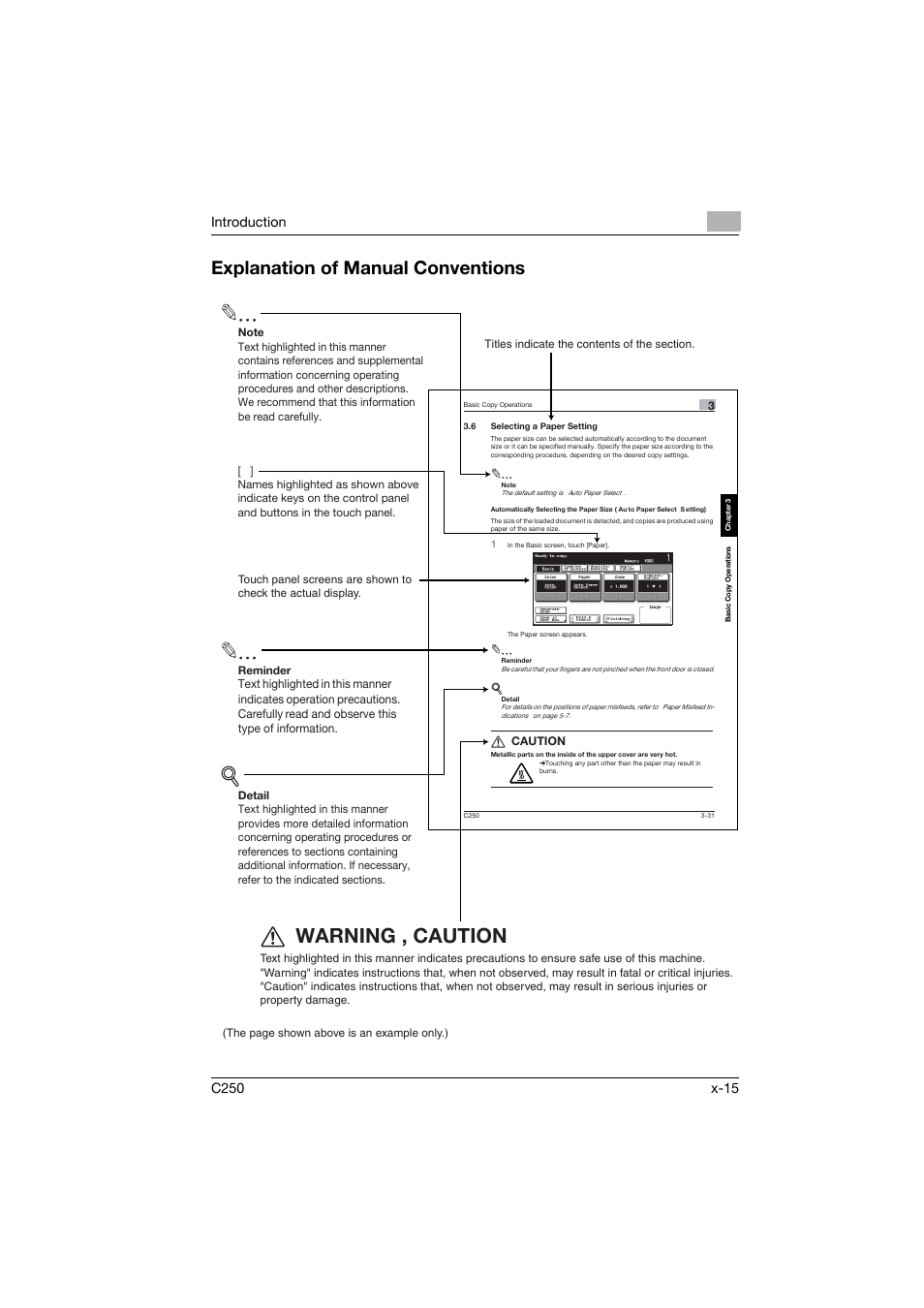 Explanation of manual conventions, Warning , caution, Caution | Konica Minolta bizhub C250 User Manual | Page 16 / 396