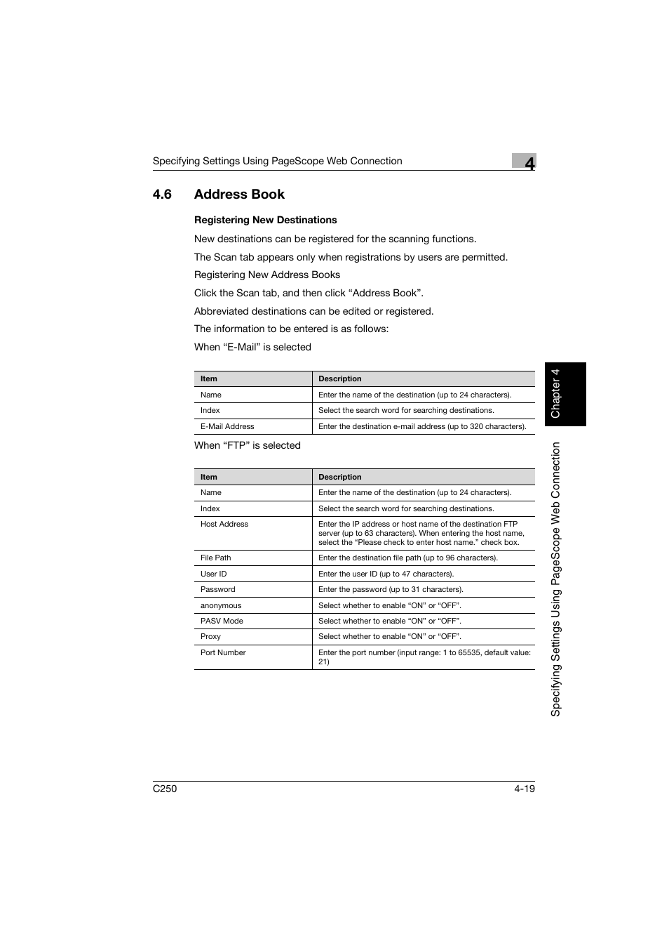 6 address book, Registering new destinations, Address book -19 | Registering new destinations -19 | Konica Minolta bizhub C250 User Manual | Page 278 / 396