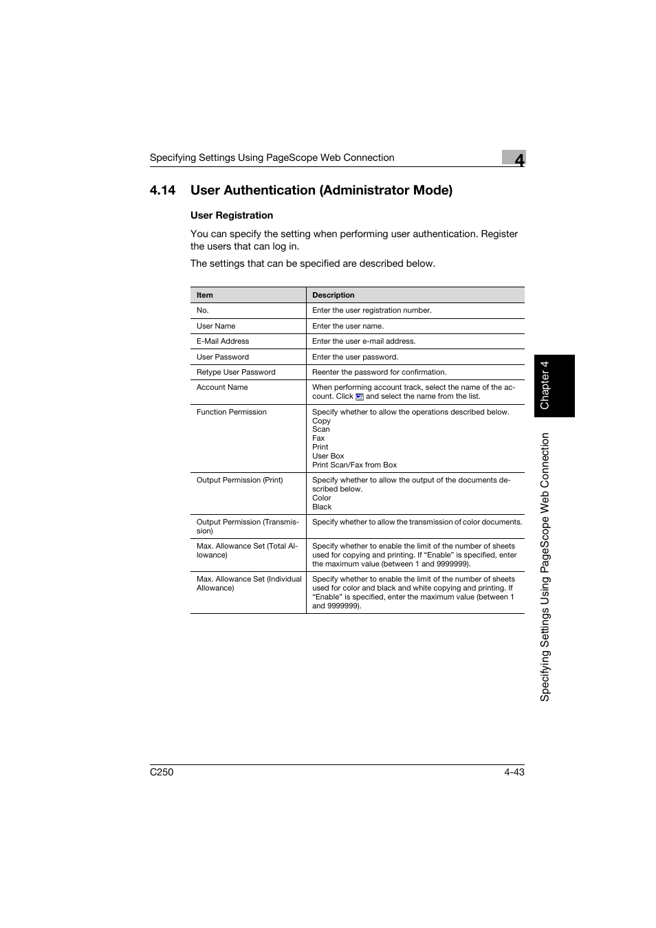 14 user authentication (administrator mode), User registration, User authentication (administrator mode) -43 | User registration -43 | Konica Minolta bizhub C250 User Manual | Page 302 / 396