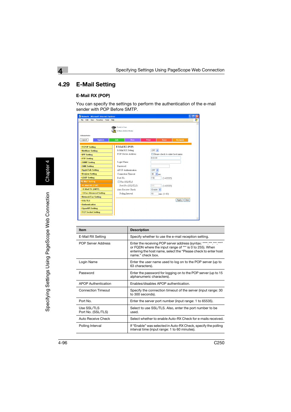 29 e-mail setting, E-mail rx (pop), E-mail setting -96 | E-mail rx (pop) -96 | Konica Minolta bizhub C250 User Manual | Page 355 / 396