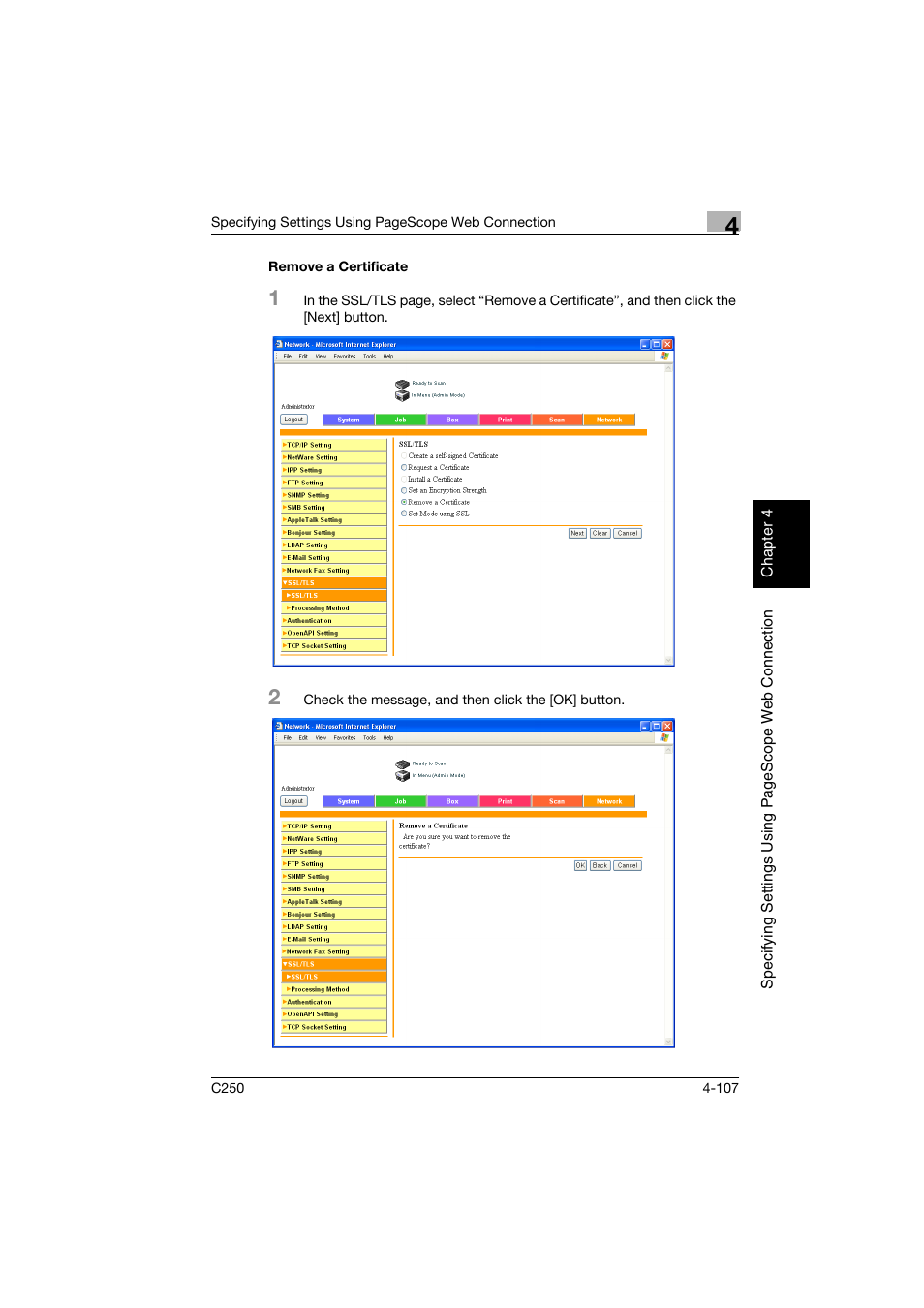 Remove a certificate, Remove a certificate -107 | Konica Minolta bizhub C250 User Manual | Page 366 / 396