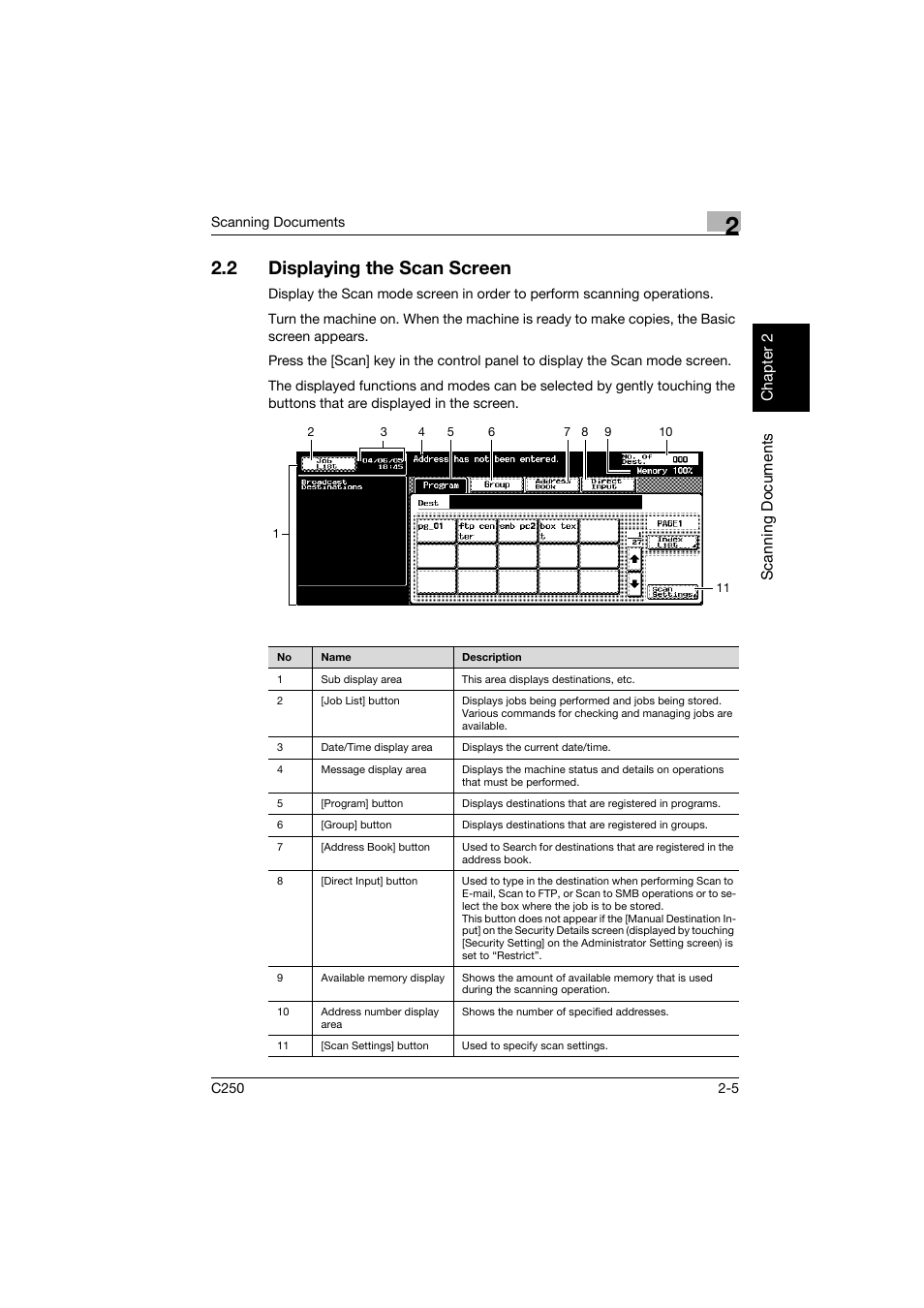 2 displaying the scan screen, Displaying the scan screen -5, Scan nin g do cu men ts chapter 2 | Konica Minolta bizhub C250 User Manual | Page 38 / 396