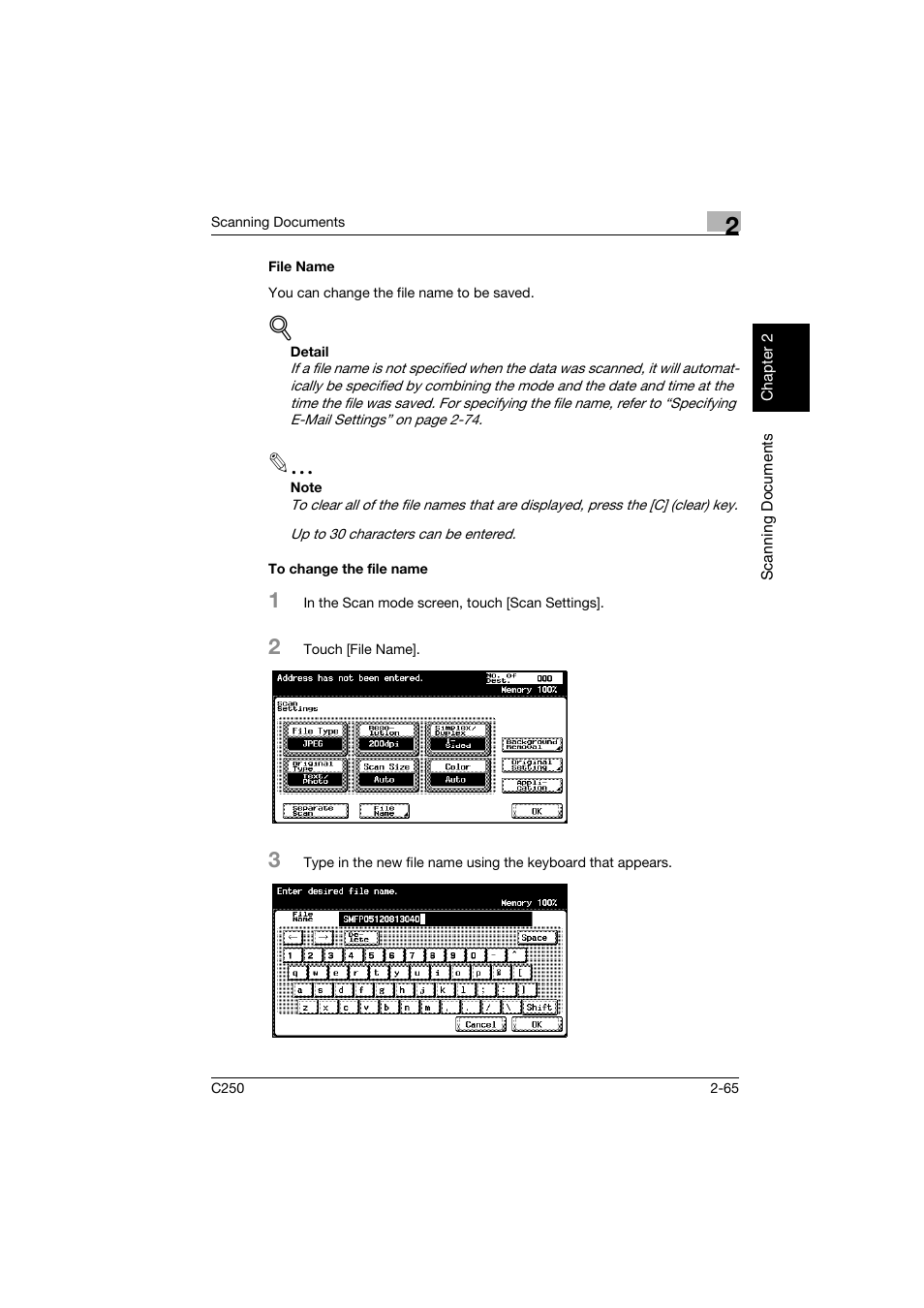 File name, To change the file name, File name -65 to change the file name -65 | Konica Minolta bizhub C250 User Manual | Page 98 / 396