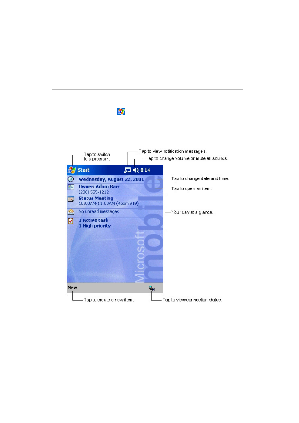 Basic screens on mypal, Today screen | Asus MyPal A600 User Manual | Page 12 / 110