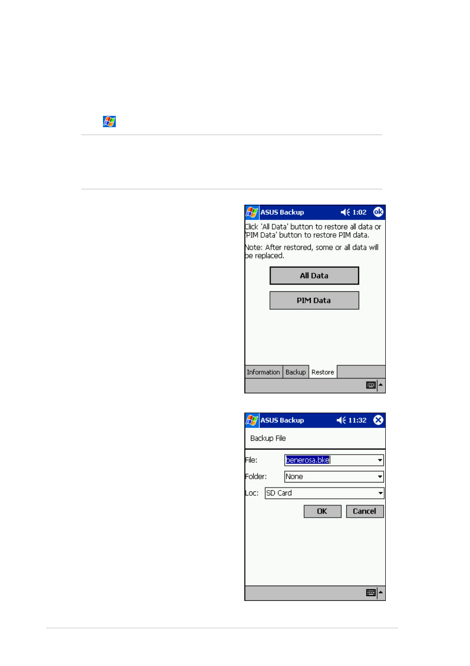 Restoring data | Asus MyPal A600 User Manual | Page 34 / 110