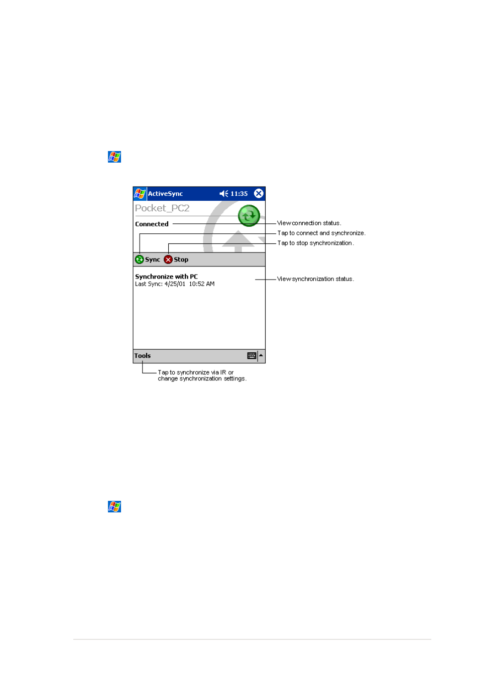 Initiating synchronization, For more information on synchronization | Asus MyPal A600 User Manual | Page 47 / 110