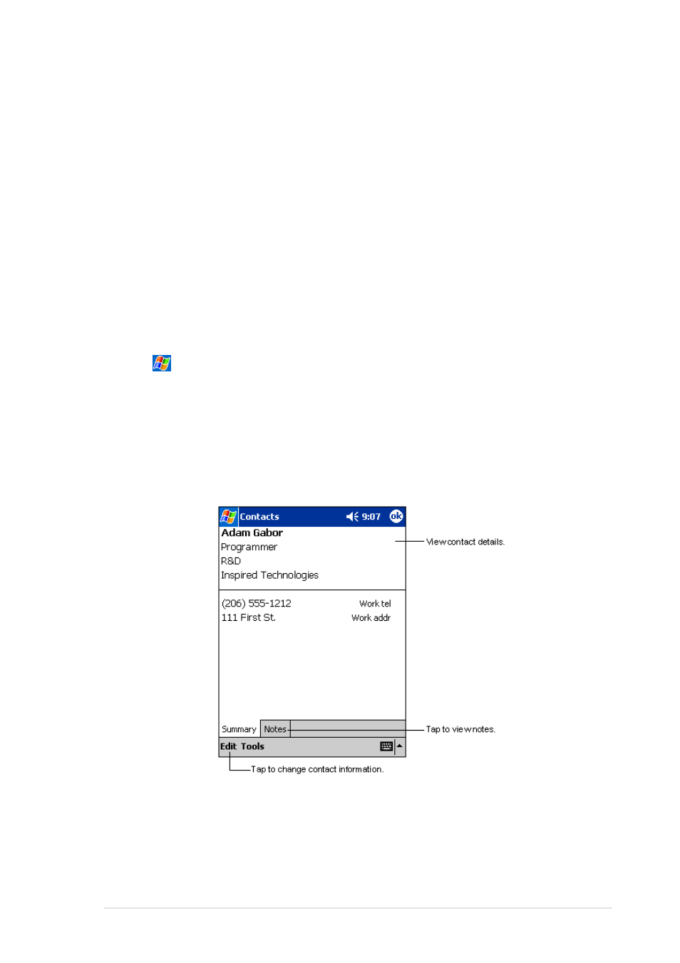 Finding a contact, Using the summary screen | Asus MyPal A600 User Manual | Page 57 / 110