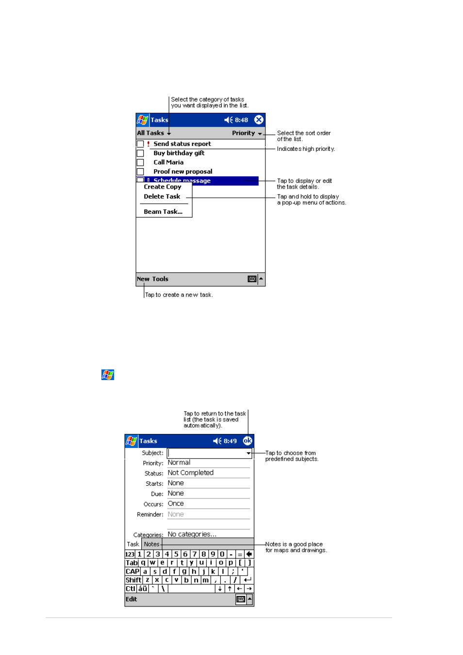 Tasks: keeping a to do list, Creating tasks | Asus MyPal A600 User Manual | Page 58 / 110